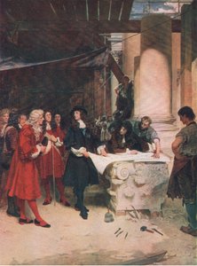 King Charles besøger Eren under bygningen af St. Pauls, illustration fra The History of the British People udgivet af Waverley, ca. 1940 (litho) af John Seymour Lucas