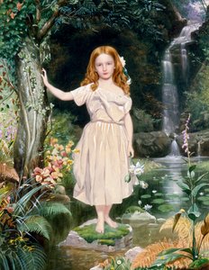 "Lille pige ved vandfaldet" Maleri af John Simmons II (1823-1876) (prerafaelit)