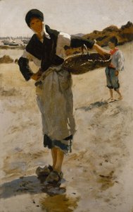 Bretonsk kvinde med en kurv, skitse for østerssamlere i Cancale af John Singer Sargent