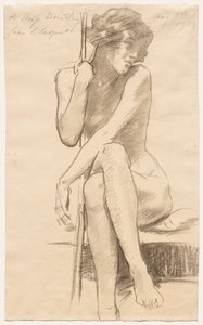 Siddende kvindelig nøgenmodel på en lav bænk af John Singer Sargent
