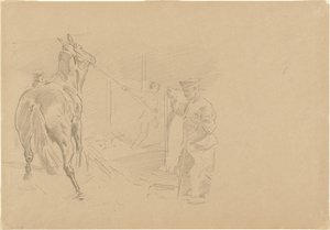 Mand trækker en hest ind i en bås af John Singer Sargent