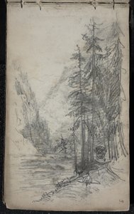 Bjerglandskab med træer, 1871-72 (grafit på mørklagt råhvidt vævet papir) af John Singer Sargent