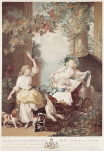 Prinsesserne Mary (1776-1857), Sophia (1777-1848) og Amelia (1783-1810), døtre af George III, graveret af Francesco Bartolozzi (1727-1815) (mezzotintestempling) af John Singleton Copley