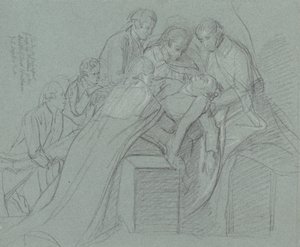 Studie for Central Group in the Death of Earl of Chatham (sort kridt, forhøjet med hvidt på blåt papir) af John Singleton Copley