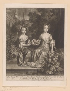 Portret van Henrietta og Katherine Hyde med en duif The Lady Henrietta and the Lady Katherine Hide Daughters to the / Right Honorable the Earle of Rochester (titel på objektet) af John Smith