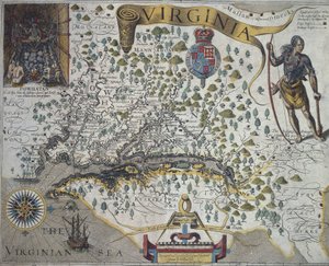 Virginian kartta: Upotus (vasemmalla) näyttää intialaisen päällikön Powhatanin kotan sisustuksen, kirjoittanut John Smith (1580-1631)