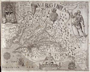 Kort over Virginia, opdaget og beskrevet af kaptajn John Smith, 1606, indgraveret af William Hole (fl. 1607-24), udgivet 1612 (se også 174212)