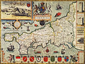 Kort over Cornwall fra "Theatre of the Empire of Great Britain", udgivet i London af George Humble, 1627-udgaven (håndkoloreret stik)
