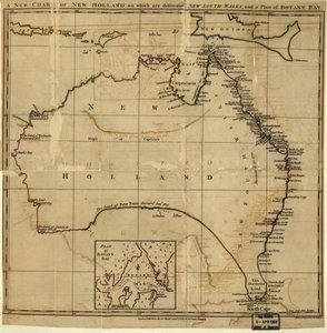 Et nyt kort over New Holland, hvor New South Wale er indtegnet, og en plan for Botany Bay. LOC 00556400 af John Stockdale