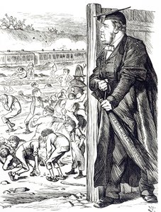 En tegneserie, der forestiller William Vernon Harcourt (1827-1904), som da indenrigsministeren anbefalede indførelsen af birken i stedet for tilbageholdelse for unge lovovertrædere. Illustreret af John Tenniel (1820-1914), en engelsk illustrator, grafisk h af John Tenniel