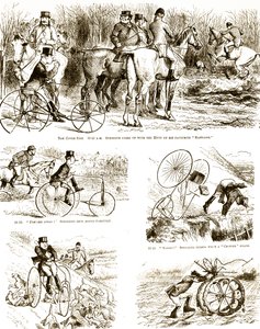 En tegneserie, der forestiller en mand, der jager på en trehjulet cykel. Illustreret af John Tenniel (1820-1914), en engelsk illustrator, grafisk humorist og politisk tegneserieskaber af John Tenniel