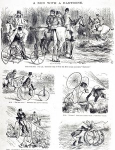 En tegneserie, der forestiller en mand, der jager på en trehjulet cykel. Illustreret af John Tenniel (1820-1914), en engelsk illustrator, grafisk humorist og politisk tegneserieskaber af John Tenniel