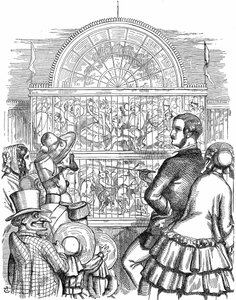 Albert, Prince Consort of Queen Victoria, viser Crystal Palace og den store udstilling i Hyde Park, London. John Tenniel tegnefilm fra Punch London 1851. Trægravering af John Tenniel