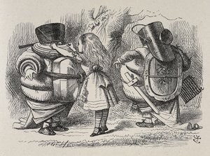 Alice klæder Tweedledee og Tweedledum på. af John Tenniel