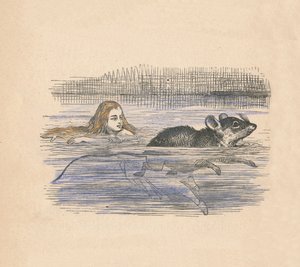Alice svømmer med en mus i en pool, 1889 af John Tenniel
