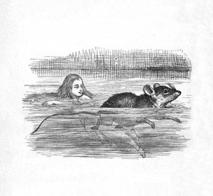 Alice svømmer med en mus i en pool, 1889 af John Tenniel