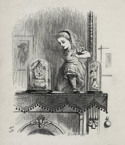 Alice krydser spejlet - I "" Alices eventyr i Eventyrland og gennem skueglasset"" af Lewis Carroll, illustration af John Tenniel (1820-1914) af John Tenniel