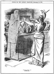 Britannia holder kolera tilbage i britiske havne. I udbruddet af 1892 døde omkring 260.000 i Rusland og 7.600 i Hamborg. Epidemien blev forhindret i Storbritannien. John Tenniel tegnefilm fra Punch London 10. september 1892. af John Tenniel