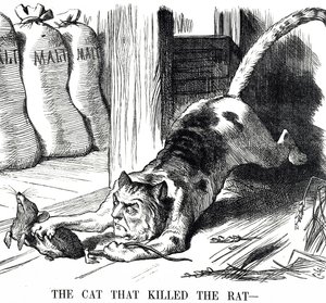 Tegneserie, der kommenterer afskaffelsen af maltafgift i 1880 af John Tenniel