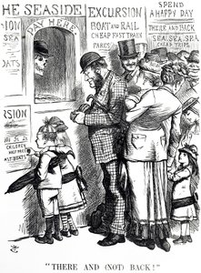 Tegneserie, der kommenterer hyppigheden af ulykker på overfyldte udflugtstog af John Tenniel