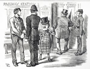 Tegneserie, der kommenterer opfordringerne om, at et bloksystemsignal skal gøres obligatorisk på British Railways af John Tenniel