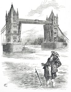 Tegneserie, der viser Fader Thames, der beundrer Tower Bridge, London af John Tenniel
