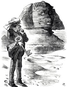 Tegneserie, der viser premierminister Benjamin Disraeli, der holder Suez-kanalen som nøglen til briternes besiddelse og indflydelse i Indien af John Tenniel