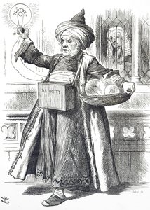 Tegnefilm, der viser William Ewart Gladstone som Aladdin af John Tenniel