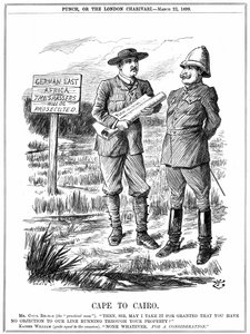 Cecil John Rhodes (1852-1902) engelskfødt sydafrikansk statsmand, der bad den tyske kejser om tilladelse til at føre en telegraflinje gennem det tyske Østafrika. Cape To Cairo, tegneserie af John Tenniel fra 