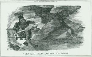 Virkningerne af at brænde Old King Coal på London. Tågen forårsagede astma, bronkitis, lungebetændelse, lungebetændelse osv. John Tenniel tegnefilm fra Punch, London af John Tenniel