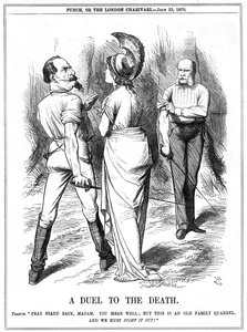 Fransk-preussisk krig 1870-1871: Britannia forsøger at begrænse Napoleon III i at indlede krig med Tyskland. Fransk erklæring afgivet til Berlin 19. juli, proklamation 23. juli. John Tenniel tegneserie fra Punch, London, 23. juli 1870. Indgravering af John Tenniel