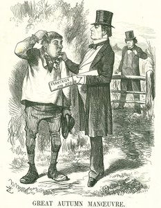 Stor efterårsmanøvre: Gladstone mente, at afstemningen i sidste ende måtte gives til landbrugsarbejdere (Hodge). På dette tidspunkt var hans premierskab rystet, og Disraeli venter på at tage hans plads. John Tenniel tegnefilm fra Punch, London, 9. august 1 af John Tenniel