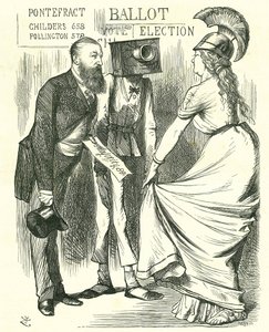 Hugh Childers (1827-1896) britisk parlamentariker, der fortæller Britannia om succesen med den nye stemmeurn. John Tenniel tegnefilm fra 