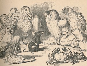 Illustration til kapitlet et Caucus-Race og en lang hale. Alice og forskellige væsner, som f.eks af John Tenniel