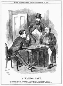 Lord Randolph Churchill (til venstre) forsøger at få Charles Stewart Parnell, irsk politiker, til at vise sin hånd og lade Churchill og Hartington vide, hvordan han vil bruge Parnellite-stemmer, han befaler i Underhuset. John Tenniel tegnefilm fra Punch 18 af John Tenniel