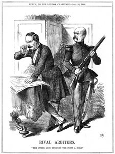 Napoleon III (1808-1873), kejser af Frankrig 1852-1870, og Otto von Bismarck (1808-1783), kansler i Preussen, udskærer Europa. Deres modstridende ambitioner førte til den fransk-preussiske krig 1870-1871. John Tenniel tegnefilm fra Punch, London, 28. juli af John Tenniel