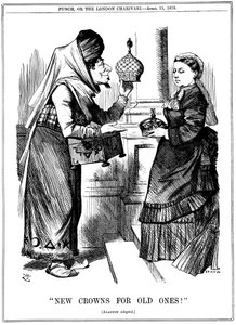 Nye kroner til gamle!, Benjamin Disraeli tilbyder Indiens krone til dronning Victoria, 1876 af John Tenniel