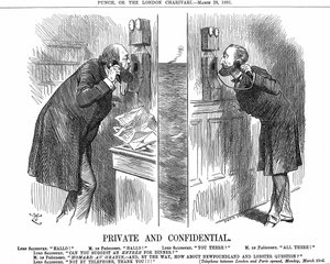Åbning af den engelsk-franske telefonlinje. Den britiske premierminister (Lord Salisbury) i samtale med den franske præsident (Sadi Carnot). John Tenniel tegneserie fra Punch, London 28. marts 1891. Trægravering. af John Tenniel