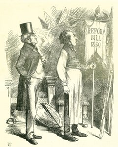 Politisk økonomi: Reform af parlamentet - forlængelse af franchisen. Disraeli (kansler) og Derby (premierminister) støver reformforslaget af. I 1867 fremlagde Disraeli et nyt lovforslag. John Tenniel tegnefilm fra Punch, London af John Tenniel