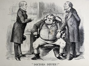 Politisk satire skildrer William Ewart Gladstone, Benjamin Disraeli og John Bull af John Tenniel