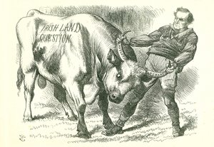 At tage den (irske) tyr ved hornene: Lovforslaget blev vedtaget af parlamentet den 15. februar 1870 og fik kongelig godkendelse den 8. juli. William Gladstone, premierminister, der behandler spørgsmålet. John Tenniel tegnefilm fra Punch, London, 26. februa af John Tenniel