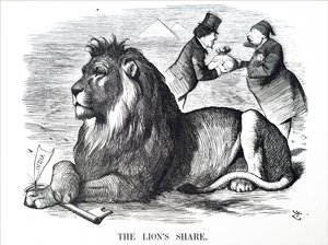 Den britiske regering bemyndiger Rothschilds til at købe aktierne i Suez-kanalen. af John Tenniel