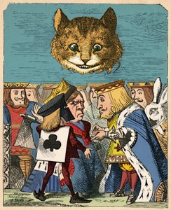 Cheshire-katten ser ned på den røde konge og dronning, der skændes, 1889 af John Tenniel