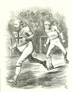 Afslutningen: Folketingsvalget 1886. Gladstone (liberal) tog til landet over sit lovforslag om hjemmestyre for Irland. Salisbury (konservativ opposition) slår Gladstone til målstregen. John Tenniel tegnefilm fra Punch, London af John Tenniel