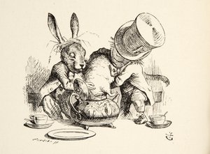 The Mad Hatter and the March Hare putting the Dormouse in the Teapot, fra Alices Adventures in Wonderland af Lewis Carroll (1832 - 98), pub. 1891 af John Tenniel