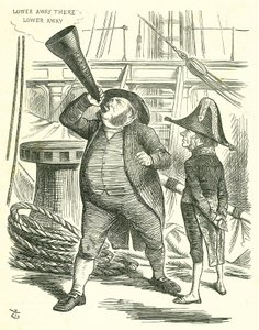The Officious Passenger: Reform of Parliament - forlængelse af franchisen. Premierministeren, Lord John Russell, bad John Bright om at stoppe med at udbasunere reformlovforslaget. Russell besejret af parlamentet på reformforslaget i maj 1866. John Tenniel  af John Tenniel