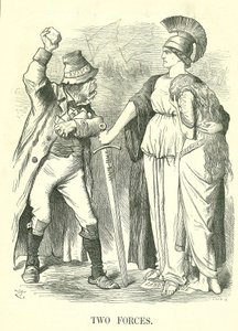 To styrker: Irish Land League forbudt. Britannia beskytter Hibernia (Irland) med lovens kraft mod anarkiets kraft. John Tenniel tegnefilm fra Punch, London, 29. oktober 1881. af John Tenniel