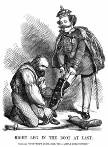 Genforening af Italien: Giuseppe Garibaldi (1807-1882) hjælper Victor Emmanuel II (1820-78) med at tage Italiens støvle på. John Tenniel tegnefilm fra Punch, London af John Tenniel