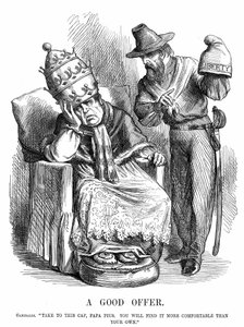 Genforening af Italien: Giuseppe Garibaldi (180718-82) forsøger at overbevise pave Pius IX om, at Frihedshætten ville være langt mere behagelig end den pavelige krone. John Tenniel tegneserie fra Punch, London, 29. september 1860. Trægravering. af John Tenniel