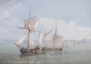 En Hoy and a Lugger med anden forsendelse på et roligt hav (wc, pen og sort blæk på vævet papir)